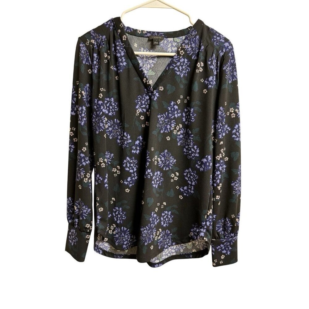 Ann Taylor Factory Floral Blouse Black Blue Long Sleeve Work Top S